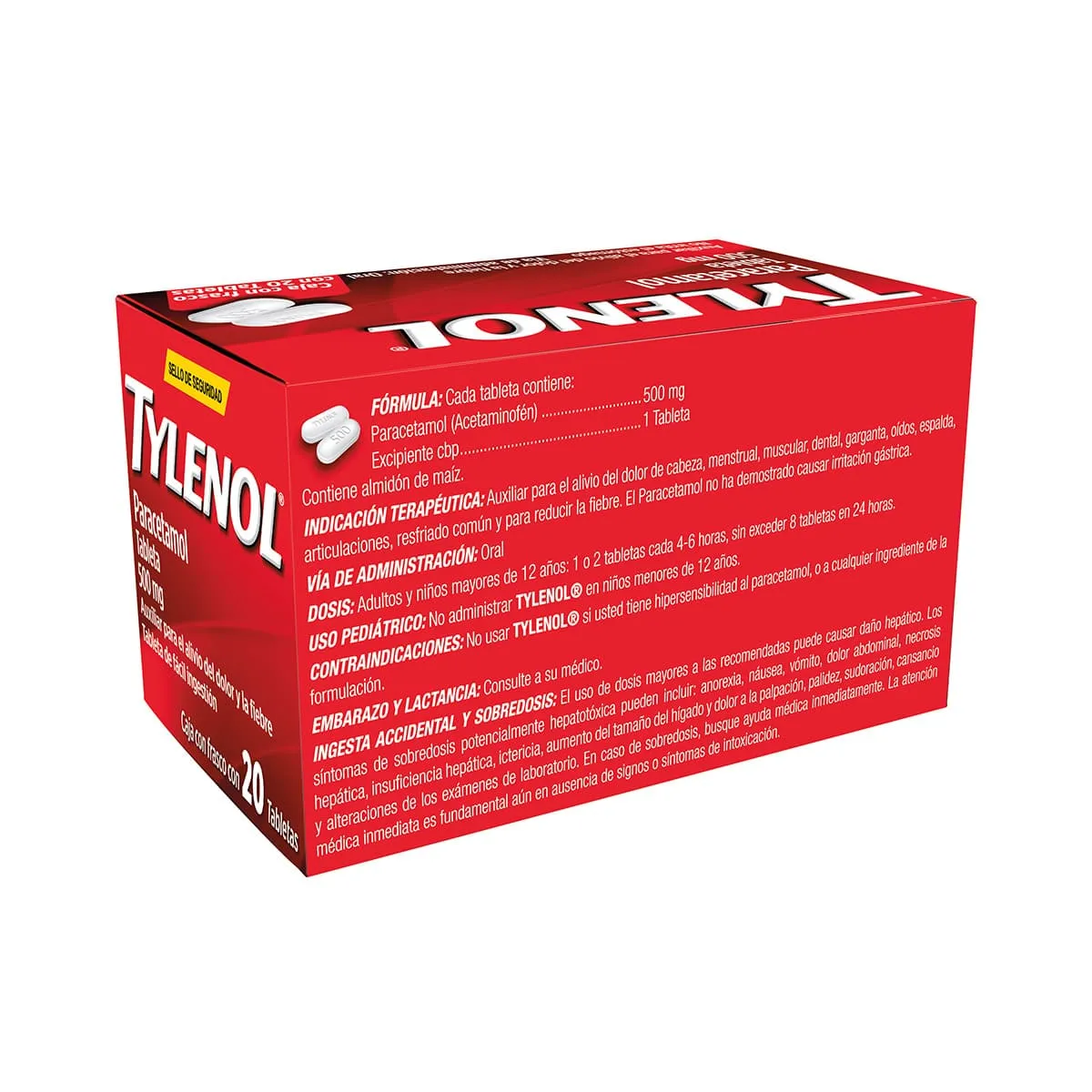 Tabletas Tylenol Analgésico 500mg con 20 Tabletas