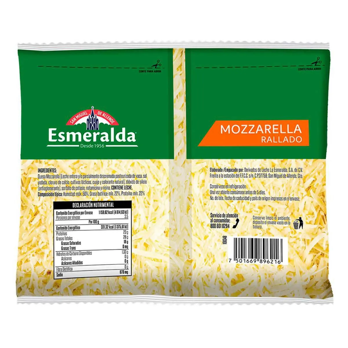 Queso Mozzarella Esmeralda Rallado 350g