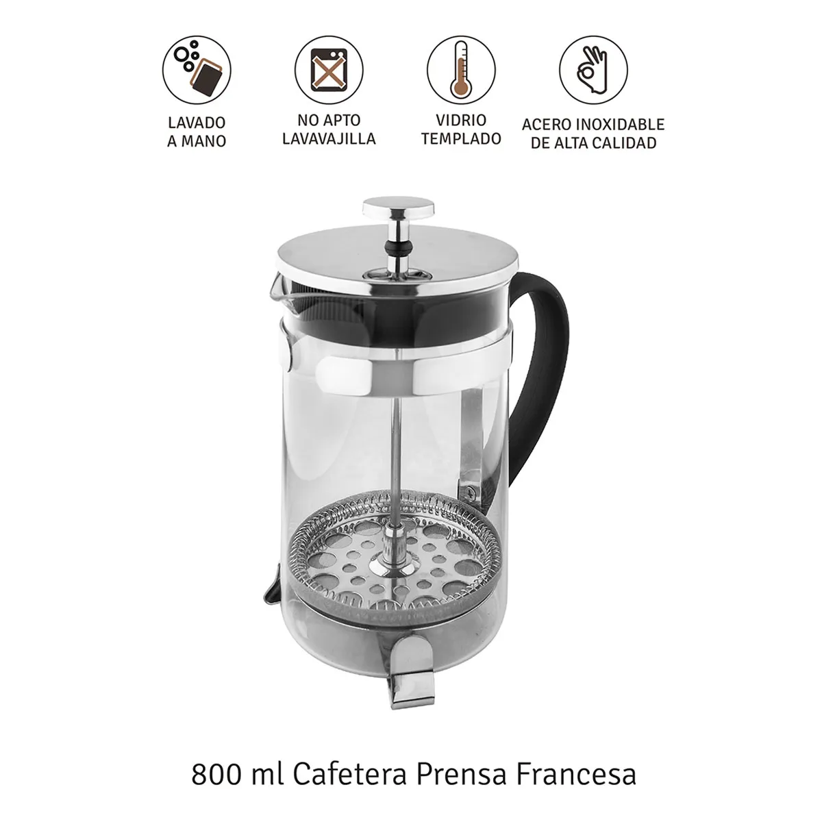  Cafetera Prensa Francesa Hudson Embolo Vidrio y Acero 800ml F-228-800