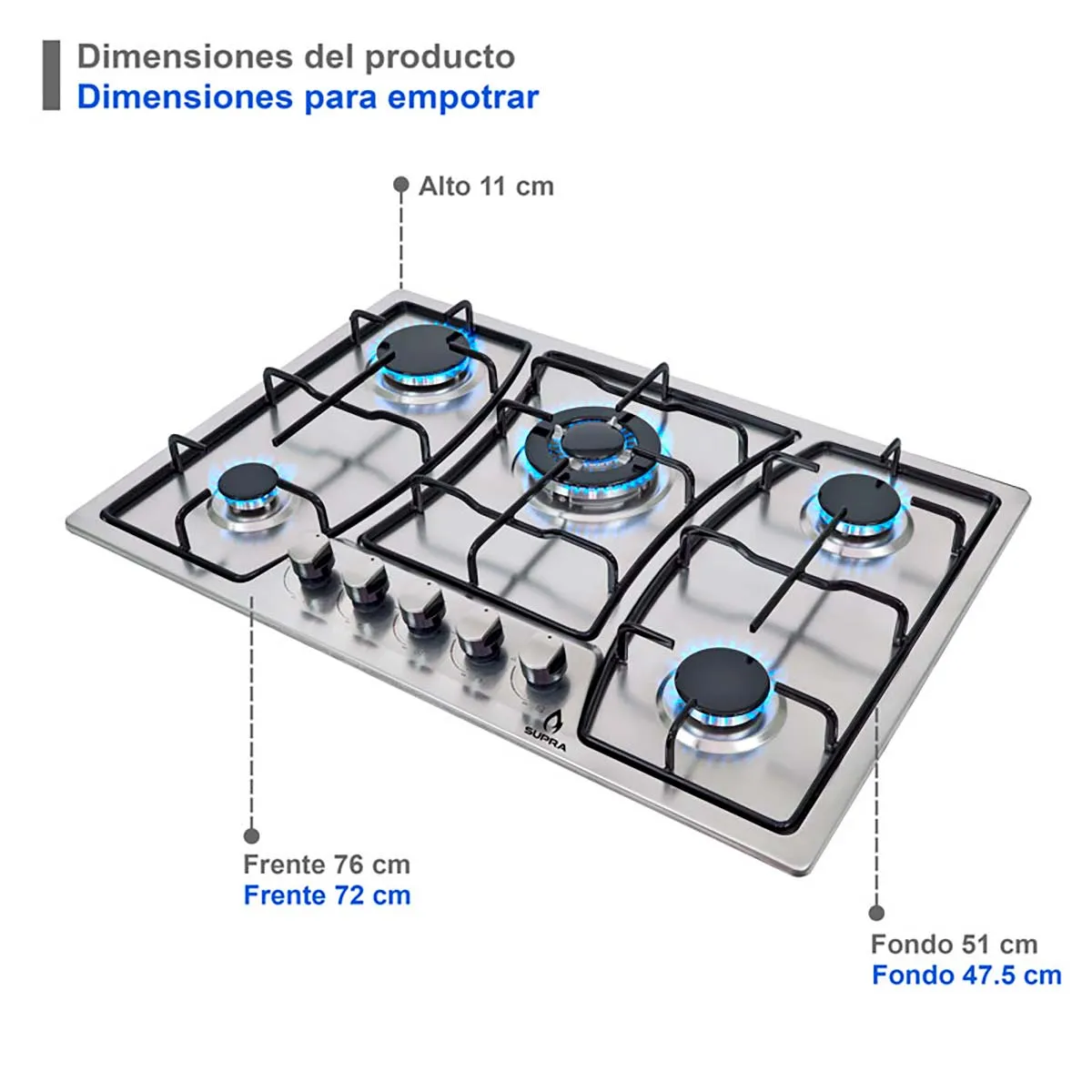 Parrilla a Gas Empotrable Supra de 76cm con 5 Quemadores Zegna