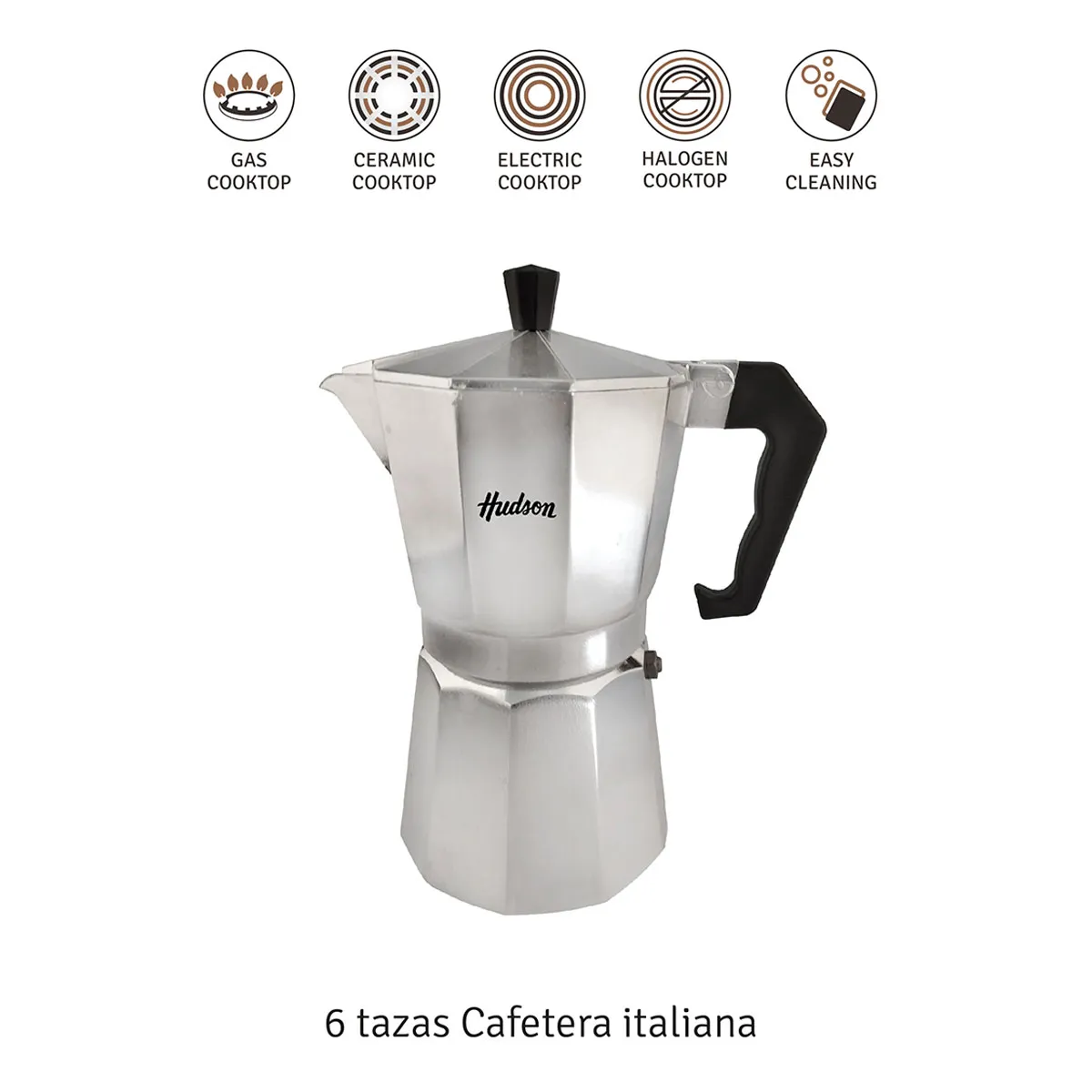 Cafetera Italiana Hudson Aluminio Pulido 6 Tazas M002