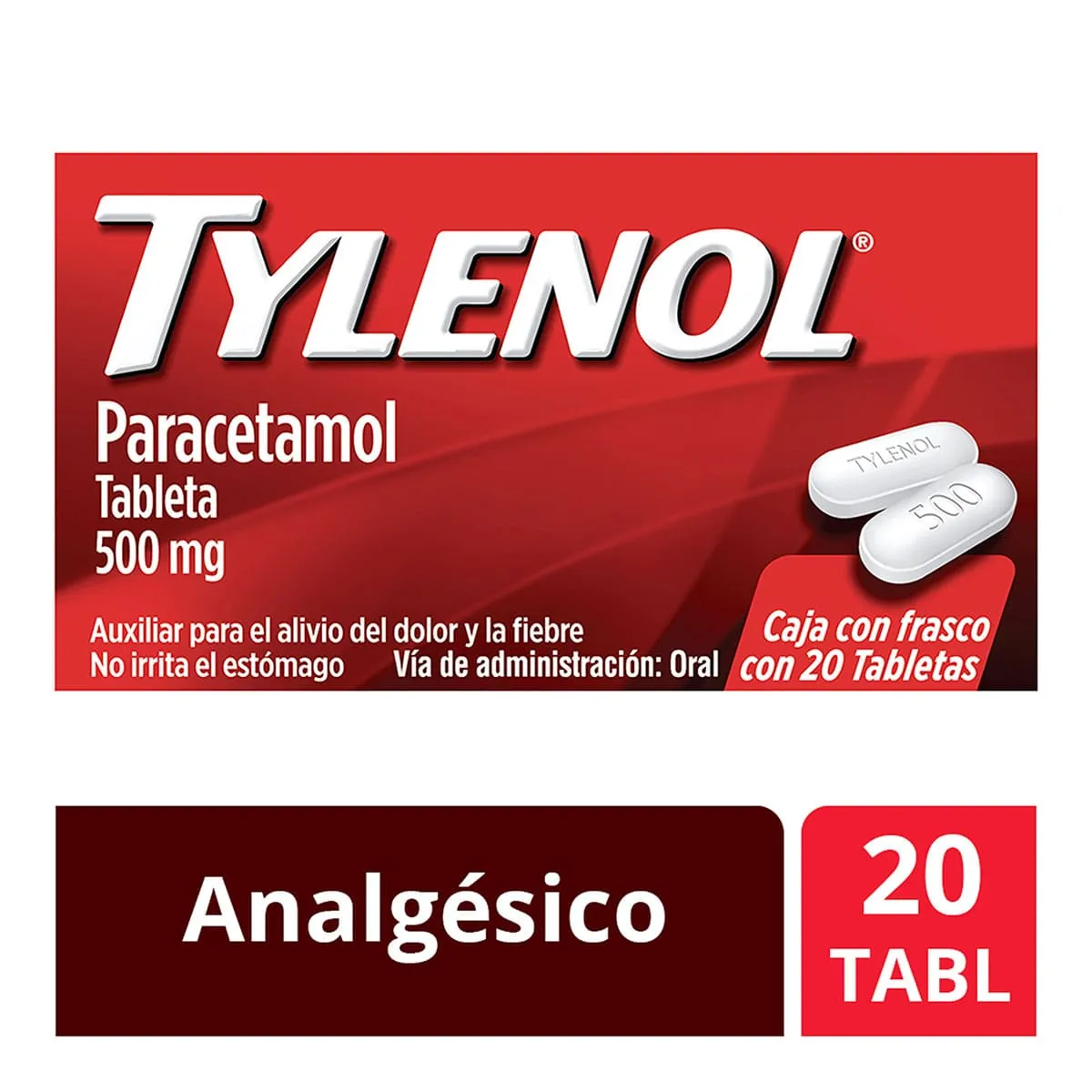 Tabletas Tylenol Analgésico 500mg con 20 Tabletas